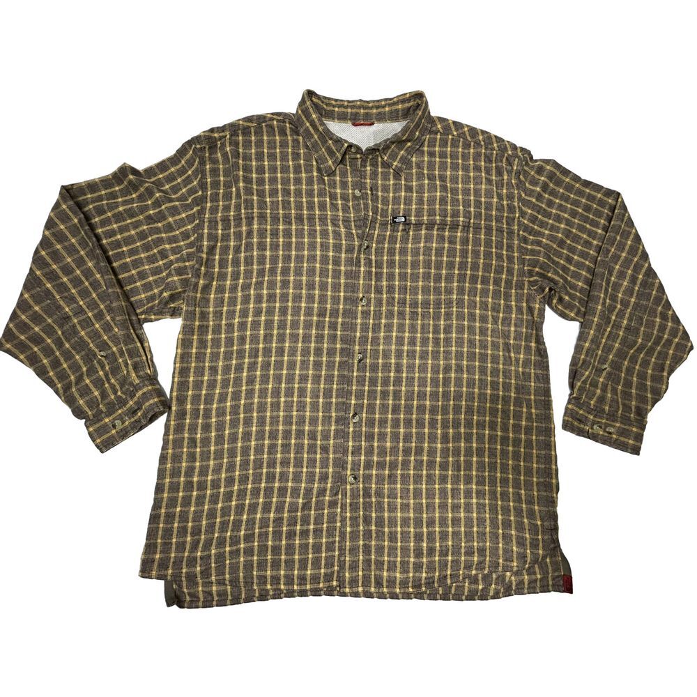 The North Face Men's Large** Long Sleeve Button Up Shirt Brown + Yellow Plaid